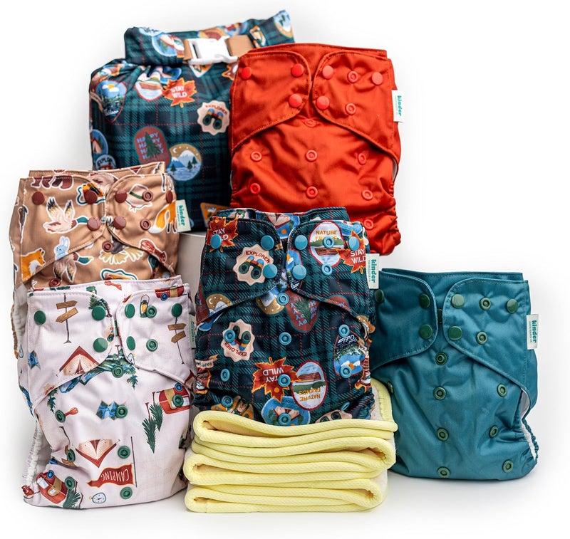 Kinder Big Adventure Cloth Diapers Set of 5 Reusable Baby Diapers Pocket Style Athletic Wicking Jersey, Bamboo Viscose Inserts, Wet Bag, Newborn to Potty Training 7-60lbs, Outdoors Nature Camping - Image 1